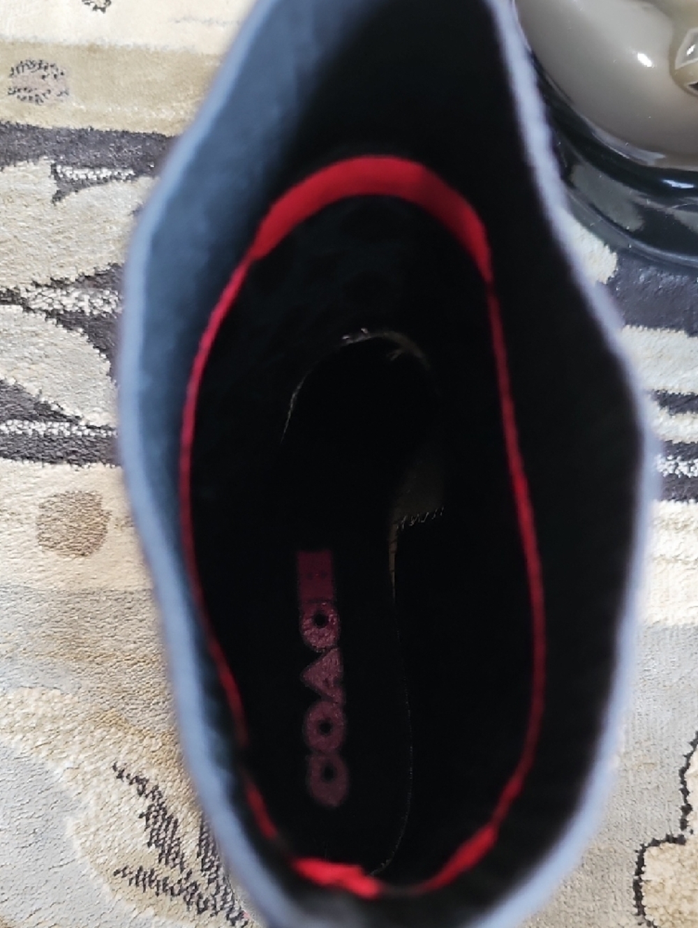Coach Black Patent Rain Ankle Boots with Gray Monogram and Pink Accent - Picture 9 of 10